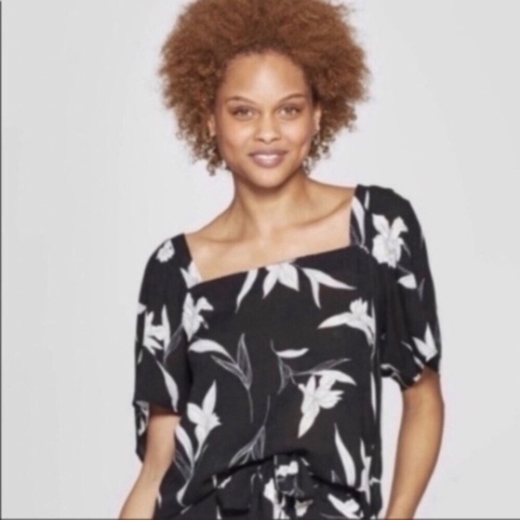 NWT A New Day Black Floral Square Neck Blouse - Picture 1 of 5